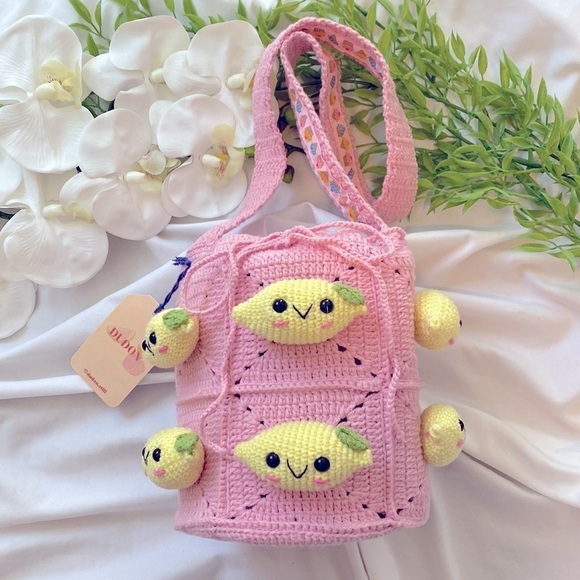 DudonStill Handmade Happy Lemons Pink Crochet Shoulder Bag - Picture 1 of 12
